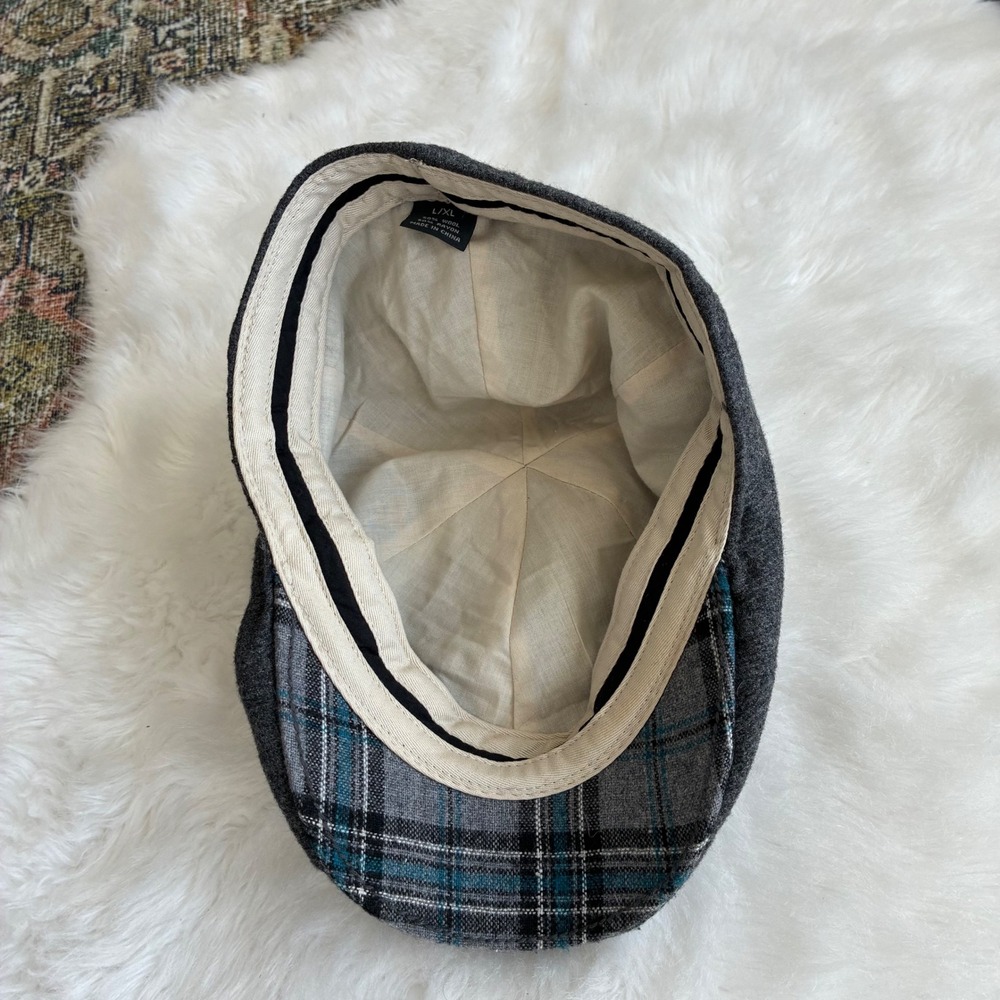 Mens Charcoal Grey Wool Blend Newsboy Ivy Cap Plaid Brim Detail L/XL - Picture 5 of 6